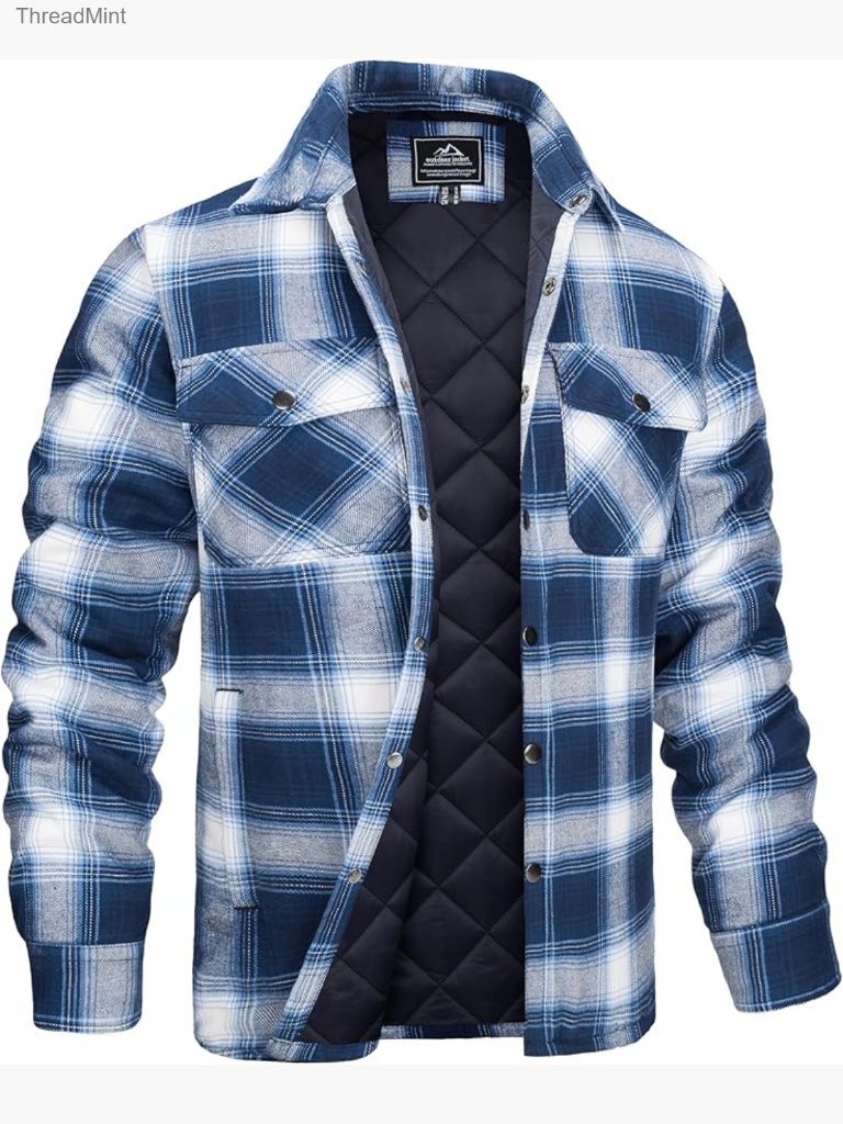 Men's Long Sleeve Quilted Lined Flannel Shirt Jacket Plaid Button Down